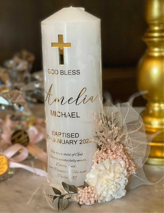 Preserved Floral Christening Candle